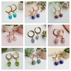 Pendientes de Aro Planos con Pequeñas Piedras Preciosas de Cornalina Facetadas Ovaladas - Pendientes Hechos a Mano en Plata 925 - Joyería al por Mayor - Product Image 2