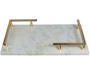 Plateau en marbre rectangulaire de luxe pour la maison avec poignées dorées plateau de service en marbre blanc taille personnalisée couleur pour la maison hôtel décoratif - Product Image 3