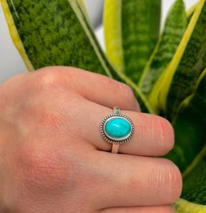 Vintage Style Silver Turquoise Oval Gemstone <b>Ring</b> Natural Boho <b>Statement</b> Stone Jewelry for Women - Product Image 2