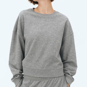 Sweat-shirt court à la mode pour femmes gris chiné coton éponge à capuche côtelé poignets ourlet imprimé décontracté vêtements d'hiver tombé - Product Image 1