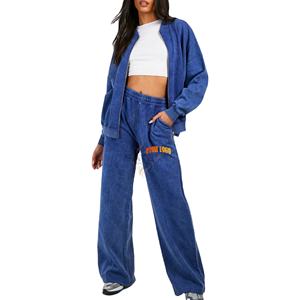 Ensemble de survêtement pour femme en coton 100% écologique, lourd, avec fermeture éclair, style streetwear d'hiver, lavage à l'acide, broderie délavée, patch - Product Image 1