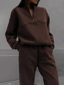 Conjunto de sudadera y pantalones de cuello redondo de dos piezas para mujer, ropa de mujer personalizada al por mayor, conjunto de chándal de forro polar de algodón - Product Image 5