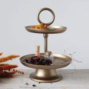 Élégant support à gâteau rond en métal à 2 niveaux avec piédestal haut pour afficher gâteaux muffins fête dessert table élégante - Product Image 1