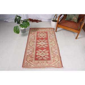 2.6x4.5 ft Vintage Rug, <b>Red</b> Abstract Turkish <b>Wool</b> Rug - Product Image 1