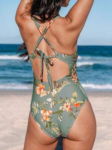 Maillot de bain une pièce vert pour femmes, avec imprimé floral orange, bretelles croisées dans le dos et col en V, pour la plage et la piscine - Product Image 3