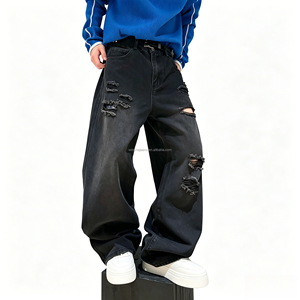 Jeans pour hommes coupe bootcut, style streetwear hip-hop décontracté, jambe large, délavage stone wash, coupe droite ample, jeans de mode pour hommes - Product Image 2