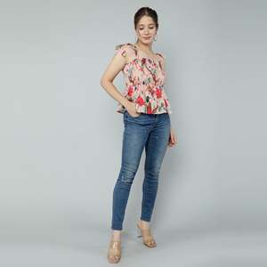 <b>Peach</b> Bird Printed Bohemian Tank <b>Top</b> Striped and Floral Linen-Chiffon Spaghetti Strap Bow Collar Size XL for Spring Season - Product Image 4