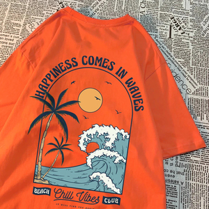 Happiness Comes In Waves Imprimé T-shirt unisexe ample et décontracté, motif créatif, pour couple - Product Image 2
