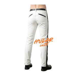 กางเกงหนังมอเตอร์ไซค์ทรงสลิมฟิตลำลองสำหรับผู้ชายนุ่มสีขาวน้ำหนักเบามีกระเป๋าเอวกลางด้านหน้าแบนมีเทคนิคการปัก - Product Image 2