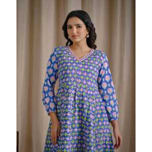 Vestido Anarkali Azul Estampado a Mano en Algodón, Ropa Americana - Product Image 1