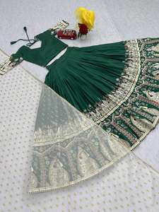 Designer de luxe semi-cousu vert soie Lehenga ensemble brodé tenue de mariage indien pour fête demoiselle d'honneur tenue de fête pour - Product Image 3