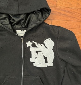 Hoodie Boxy Homme Vintage Streetwear Personnalisé Hiver avec Fermeture Éclair et Strass, Effet Délavé, Broderie et Patch, en Molleton Bouclette Effiloché - Product Image 4