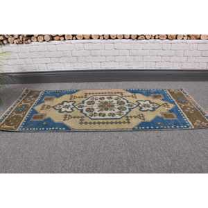 Alfombra Turca Vintage de 1.5x3.8 pies, Alfombra Pequeña, Alfombra de Lana Azul - Product Image 1