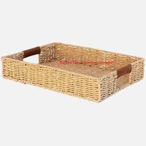 Bandeja de servicio redonda tejida de ratán Natural hecha a mano con asas bandeja decorativa ecológica para mesa de cocina y decoración del hogar - Product Image 5