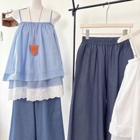 Conjunto Casual para Mujer OEM ODM, Top Vintage sin Mangas con Encaje y Pantalones Anchos de Mezclilla, Lavado Claro, Corte Regular