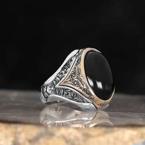 Anillo Azuris de Alta Calidad Estilo Otomano en Plata de Ley 925 para Hombre, Joyería de Moda con Piedra de Ágata Yemenita Natural, Hecho en Turquía - Product Image 1