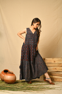 Bohème Ajrakh Imprimé 100% Coton Maxi Robe Artisanale Ethnique Long Volant Motif Géométrique pour Rust Fusion Indigo Casual - Product Image 4