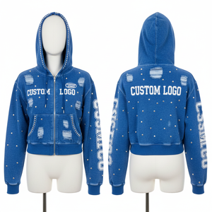 Sudadera con Capucha Personalizada con Cremallera y Pedrería, Estilo Urbano Desgastado, Sudadera Corta con Cremallera para Hombre, Chaqueta Corta de Manga Larga para Mujer - Product Image 1