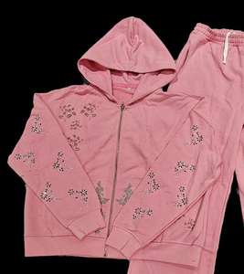 Custom Rhinestone Zip up Baggy Hoodies y pantalones de chándal Jogger Conjunto de dos piezas Dtg Print Sweatsuit Vintage Acid Wash Hombres Chándales - Product Image 3
