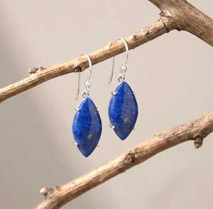 Marquise Lapis Lazuli <b>Earrings</b> Navy <b>Blue</b> Small Delicate Prong Set Ear Wire 925 Sterling <b>Silver</b> September Birthstone Wisdom - Product Image 1