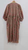 Robe Bohème Florale Imprimée à la Main Lavable pour Femme, Col en V, Manches 3/4, Longueur Genou, Tissée, Écologique, Décontractée, Automne-Été