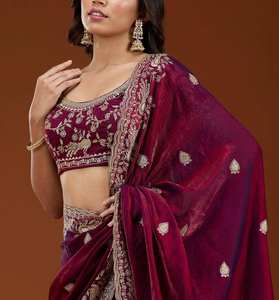 Sari en Chiffon Pur de Designer avec Motif Paon, Broderie de Paillettes Lourde et Blouse - Product Image 2