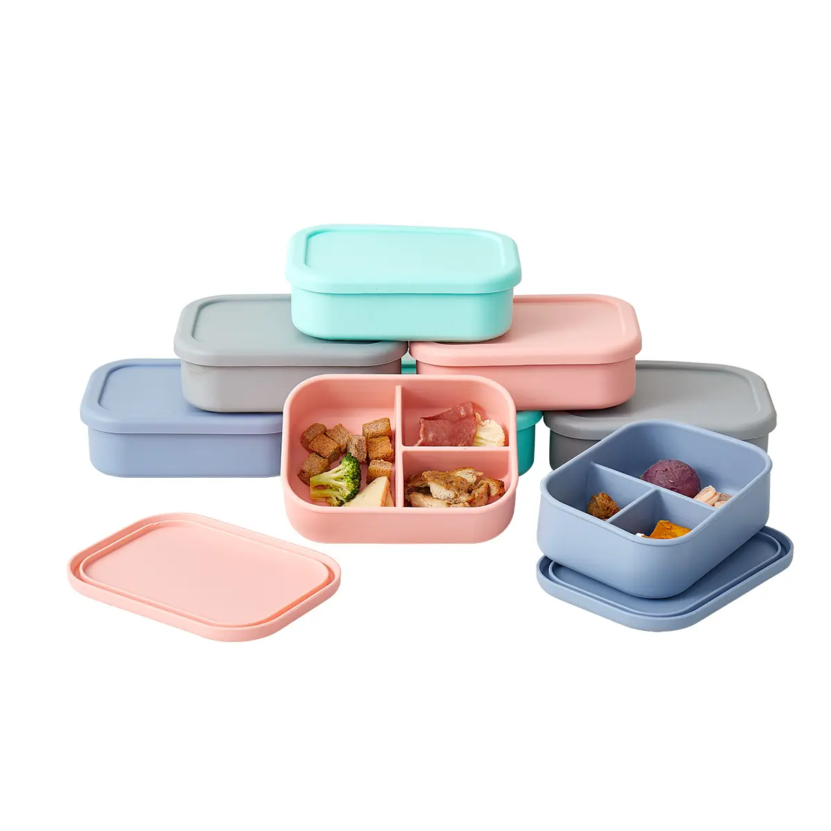 Eco Friendly 4 Compartment Silicon Bento LeakProof School Children Kid Lonchera Bengo Silicone Bento Lunchbox Lunch Box With Lid