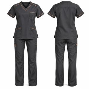Ensemble de blouses médicales personnalisées pour femmes, haut à col en V, pantalon cargo gris foncé avec accents marron, uniformes d'hôpital, tissu polyester tissé - Product Image 1