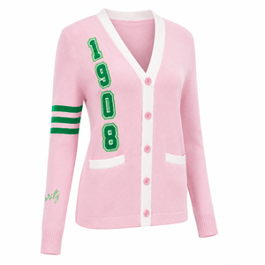 Pink Embroidered Women Acrylic Cardigan Knitted Sweater V Neck Long Sleeve <b>Covered</b> <b>Button</b> Casual Autumn Wear - Product Image 3