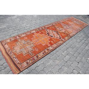 Turkish Vintage <b>Rug</b>, 3.2x12.5 ft Herki <b>Rug</b>, Orange <b>Runner</b> Animal Print <b>Rug</b> - Product Image 3