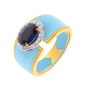 Anillo de Oro de 18K con Zafiro y Diamantes, Corte Ovalado, Zafiro Azul, Diamantes Engastados en Pavé, Banda de Esmalte Azul Claro, Anillo de Declaración para Mujer - Product Image 1
