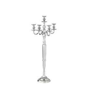 Brass Antique Aluminium Embossed Designer 5 Arms Silver Plated Candelabra for Exports From India for <b>Wedding</b> Centrepiece Hotels - Product Image 1