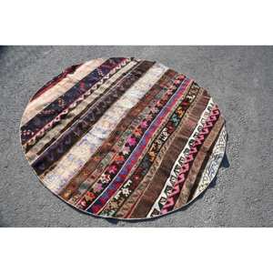 Tapis de jute en laine marron Kilim Vintage 5.8x5.8 pieds Patchwork fait à la main motif rectangle abstrait pour entrée lit chambre couloir Latex - Product Image 2