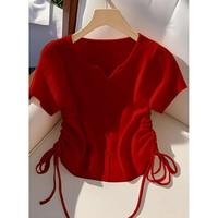Chemisier court pour femme à col en V et manches courtes, froncé avec cordon de serrage latéral, coupe ajustée, couleur unie, style décontracté, plusieurs couleurs