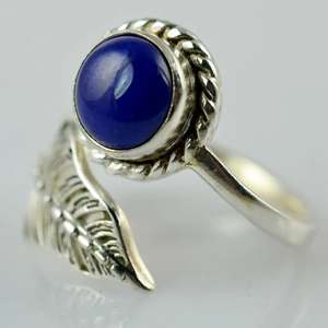 Handmade 925 Sterling <b>Silver</b> Leaf <b>Ring</b> with Lapis Lazuli Smooth Cut Natural Blue September Birthstone Boho Jewelry - Product Image 3