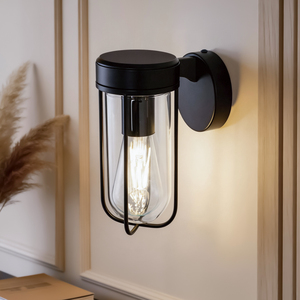 Lámpara de pared industrial negra E26 LED 2700K luz cálida para dormitorio, pantalla cilíndrica de vidrio, cuerpo de hierro, control con interruptor - Product Image 1