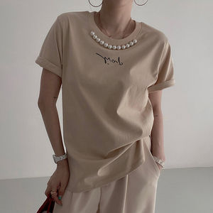 Camiseta informal de verano de talla XL para mujer, Camiseta holgada con detalle de perlas, cuello, lona transpirable, Top con estampado de letras, tejido no tejido, logotipo sólido - Product Image 5