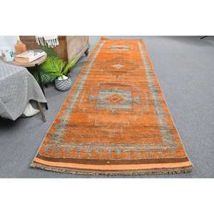 Kilim 3 X 11,1ft naranja marrón lana viscosa tejido plano alfombra turca Jacquard diseño felpa pila altura para pasillo rectángulo espacio - Product Image 4