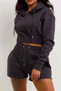 Ensemble de survêtement pour femme avec logo personnalisé, en coton 100%, style crop top, fermeture éclair, style motard, 2 pièces, jogging - Product Image 5