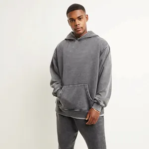 80% Baumwolle 20% Polyester Dropped Shoulders Pullover Style Cross Over Ausschnitt Vintage Grey Black Overs ized Hoodie