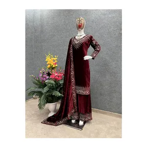 Pesado viscose veludo com trabalho bordado, trabalho e moti mão, manga comprida, aparência de festa, dupatta e totalmente costurado salwar kameez