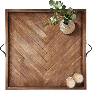 Plateau pour pouf 24x24 pouces, plateaux pouf carrés, grand plateau en bois avec poignées en cuir, plateaux de service pour le dîner - Product Image 1