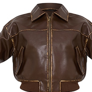 แจ็คเก็ตบอมเบอร์หนังเทียมสีน้ำตาลแบบกันน้ำ รุ่นเรกูลาร์ ยูนิเซ็กส์ สตรีทแวร์ ซิปหน้า แขนเสื้อและชายเสื้อแบบริบ พรีเมียม - Product Image 4