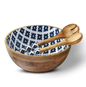 Bol en bois imprimé à l'intérieur de décalcomanie en émail bol à salade de fruits en bois fait à la main bol à salade en bois de couleur naturelle écologique - Product Image 2