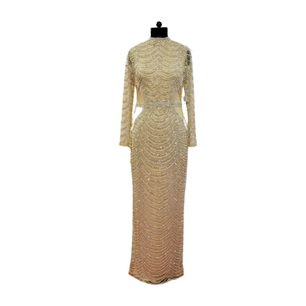 Luxury Sexy Long Sleeve Evening Party dress Style Sequin Long Dresses Elegant Half-Collar Nude BEADED gown for wholesale