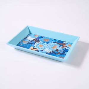 Bandeja de servir de laca rectangular hecha a mano con diseño floral y de mariposa azul para decoración del hogar y regalo - Product Image 1