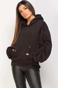 Sweat à capuche noir surdimensionné pour femme avec manches froncées anti-rides et respirant pour les entraînements de gymnastique d'hiver - Product Image 3