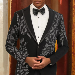 Costumes personnalisés noir de haute qualité avec broderie 2 pièces grande taille coupe ajustée formes simple boutonnage robe de mariée smoking pour hommes - Product Image 1