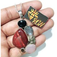 Collier pendentif en chaîne de pierres précieuses multicolores en jaspe rouge naturel, fait à la main, en argent sterling massif 925, pendentif charme, cadeau pour elle