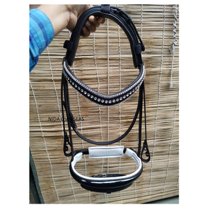 Bridon de dressage anatomique pour cheval en cuir végétal teint en tambour, avec muserolle en cuir verni et strass, équipement équestre, bridon pour cheval - Product Image 2